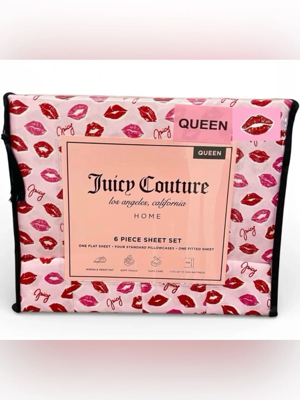 Juicy Couture 6-pc Queen Sheet Set JC Pink Lots of Kisses 2 Extra P/C's NEW NIP